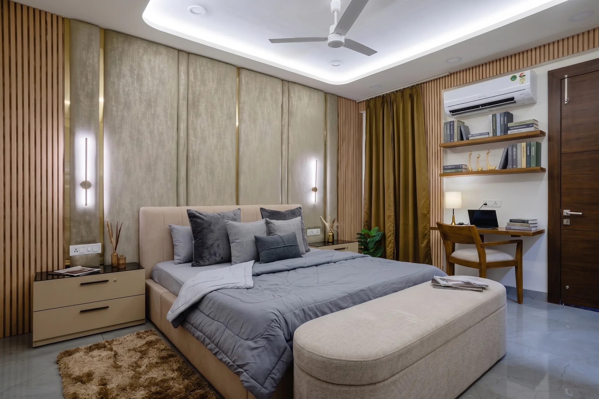 A refined master bedroom featuring textured wall panels, warm wooden accents, elegant metallic detailing, soft ambient lighting, and a soothing palette for a luxurious retreat.
