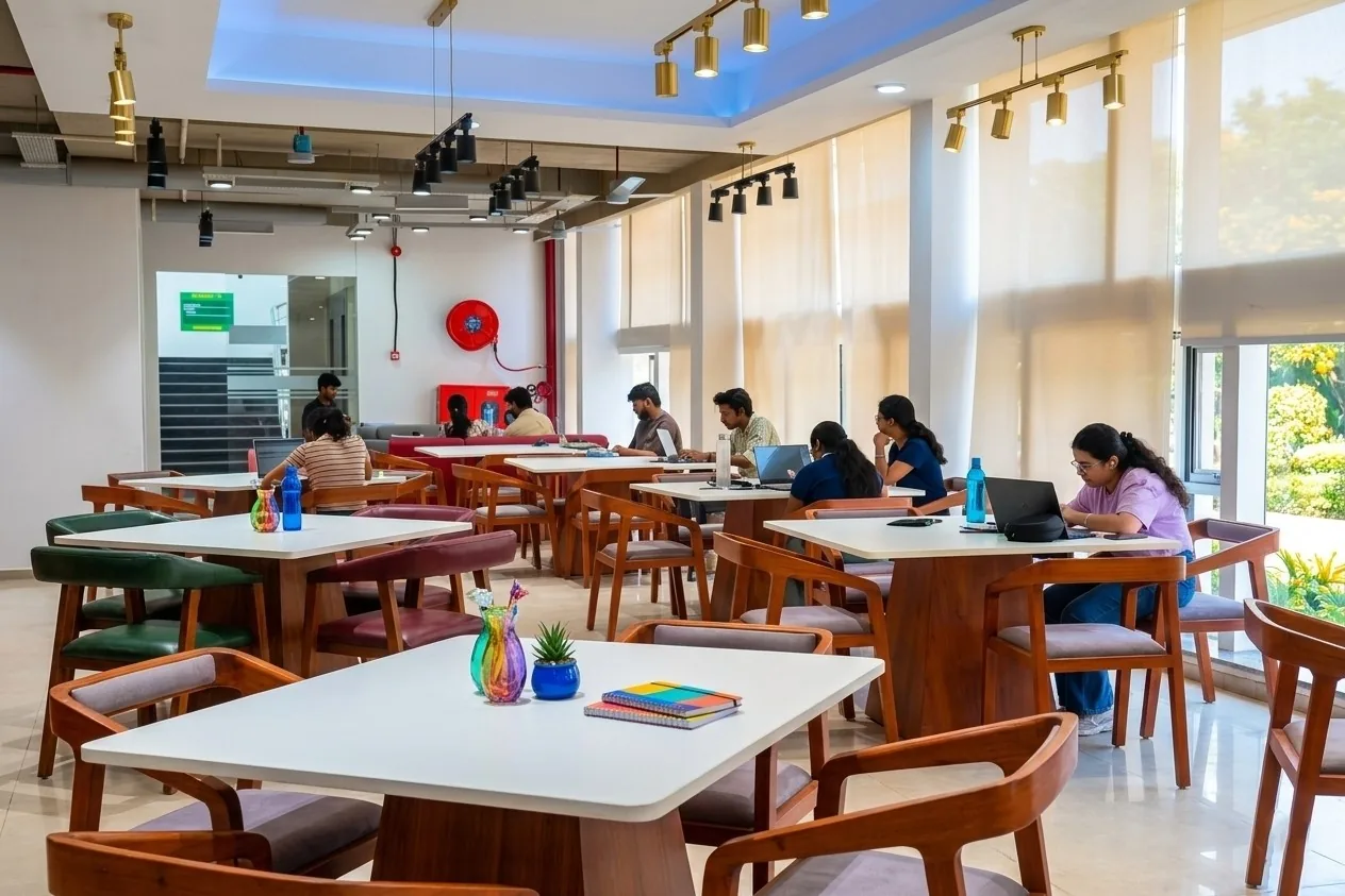 A spacious reading area featuring varied seating arrangements, warm wooden finishes, vibrant accents, and abundant natural light, creating a comfortable environment for focused and collaborative reading.