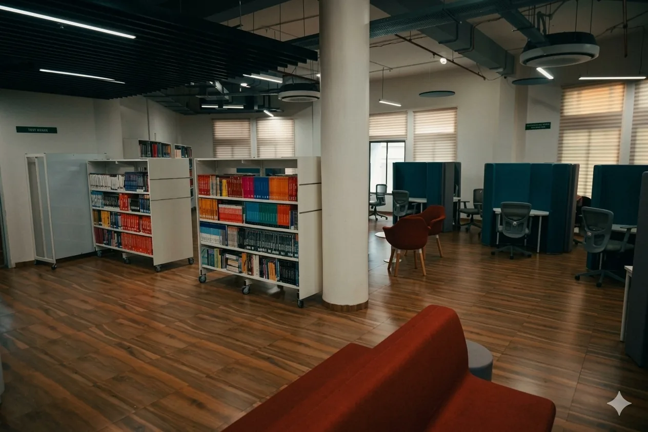 A contemporary library space featuring organized book displays, dedicated computer workstations, warm wooden flooring, and comfortable seating, creating a balanced environment for reading, research, and collaboration.