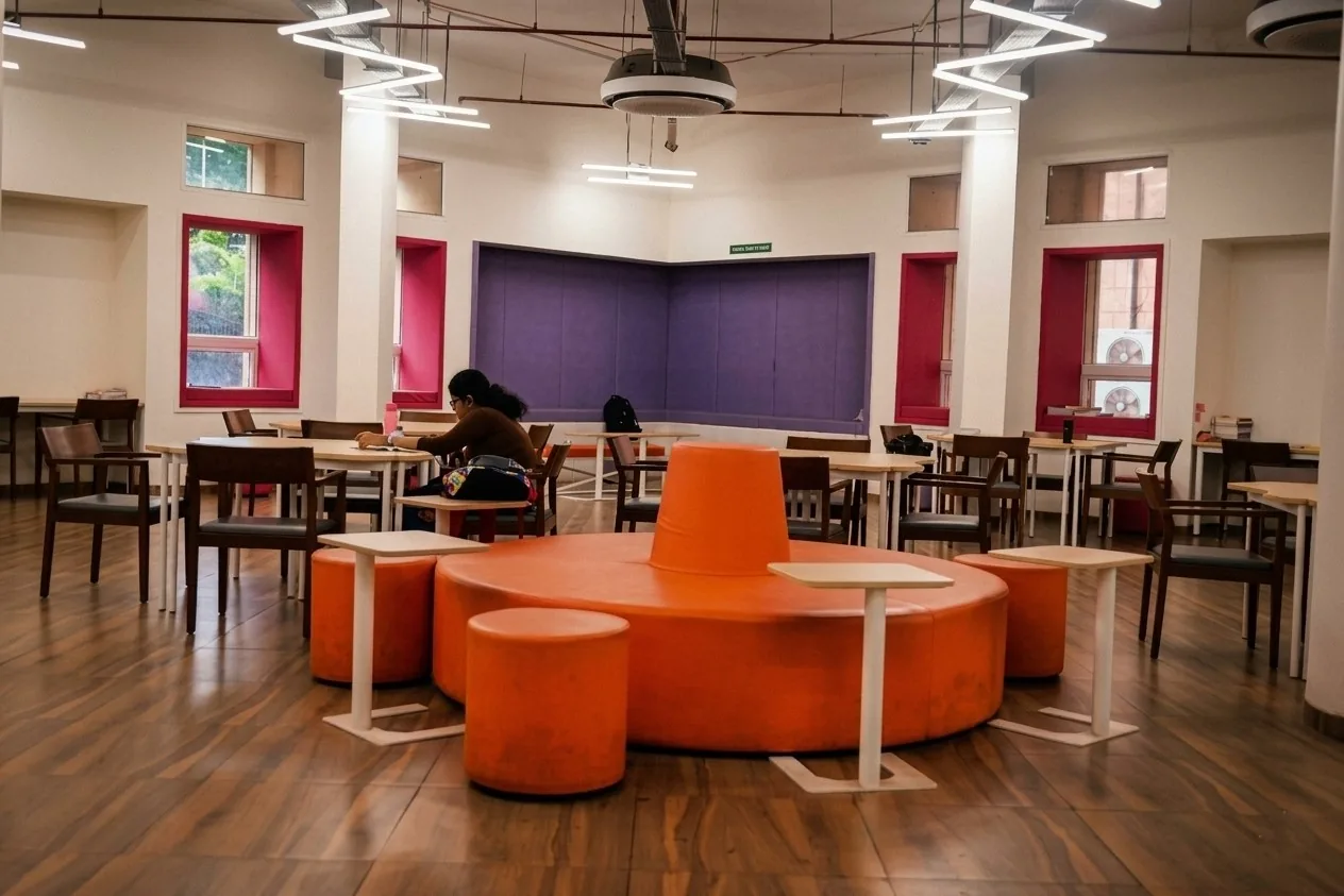 A thoughtfully designed academic space featuring collaborative tables, integrated shelving, vibrant accent colors, and distinctive lighting, creating an engaging environment for learning, interaction, and focused study.